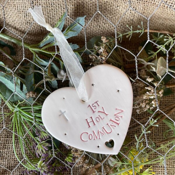Handmade Hanging Ceramic Heart with Thoughtful Message - 1st Holy Communion