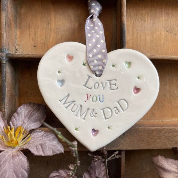 Handmade Hanging Ceramic Heart with Thoughtful Message - Love You Mum & Dad