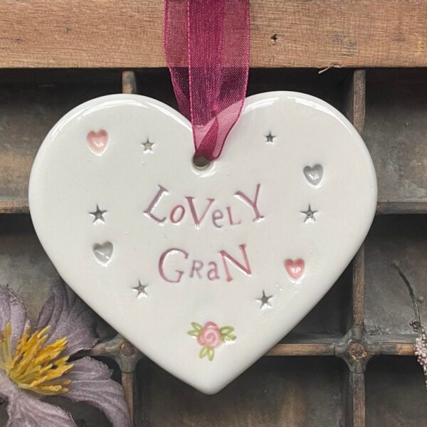 Handmade Hanging Ceramic Heart with Thoughtful Message - Lovely Gran