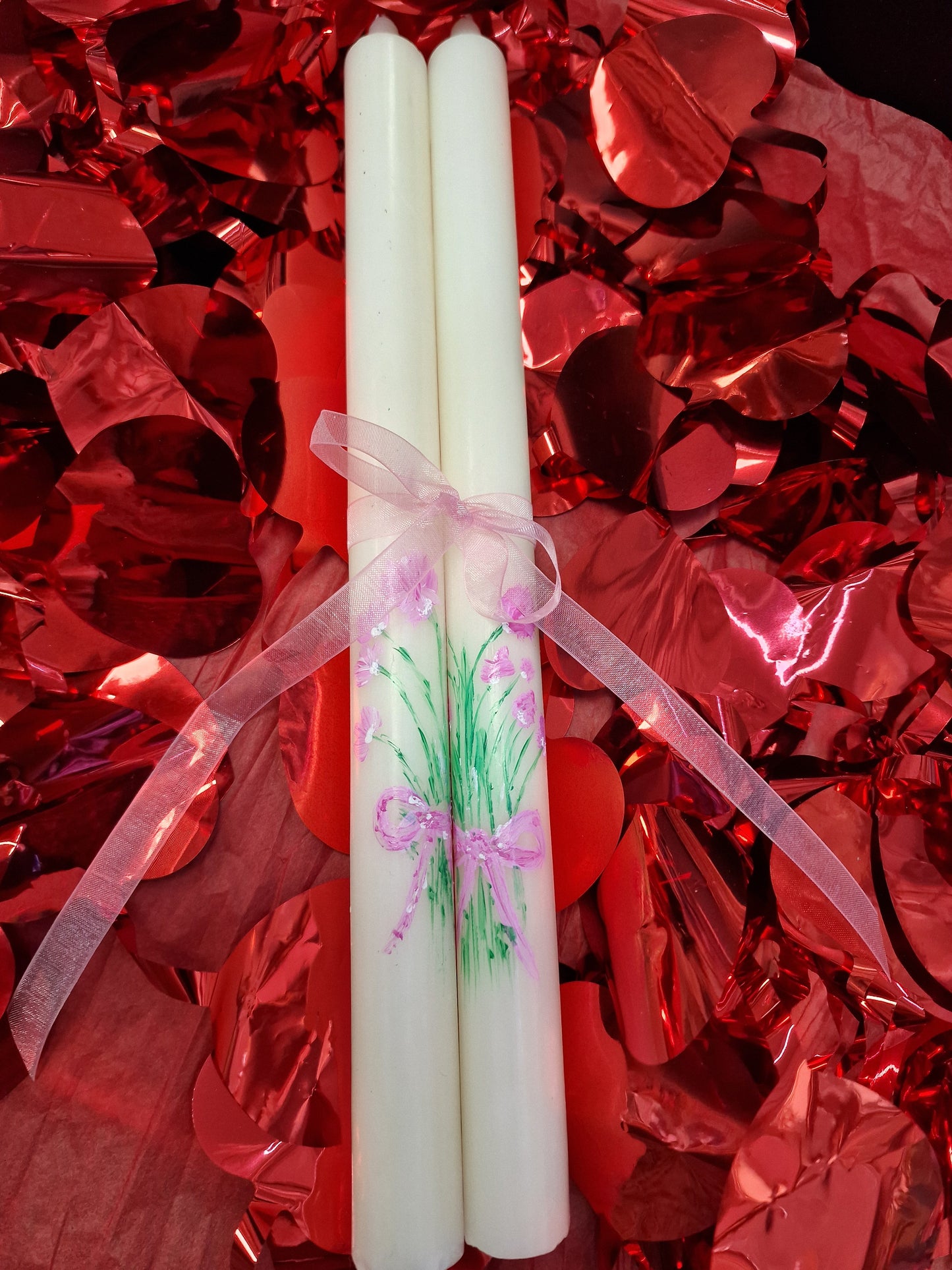 Hand-Painted Tall Tapered Candle Pair – Pink Floral Bouquet Design