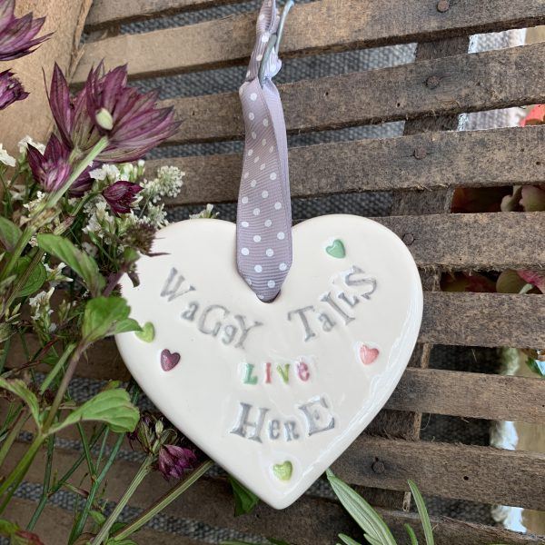 Handmade Hanging Ceramic Heart with Thoughtful Message - Waggy Tails Live Here