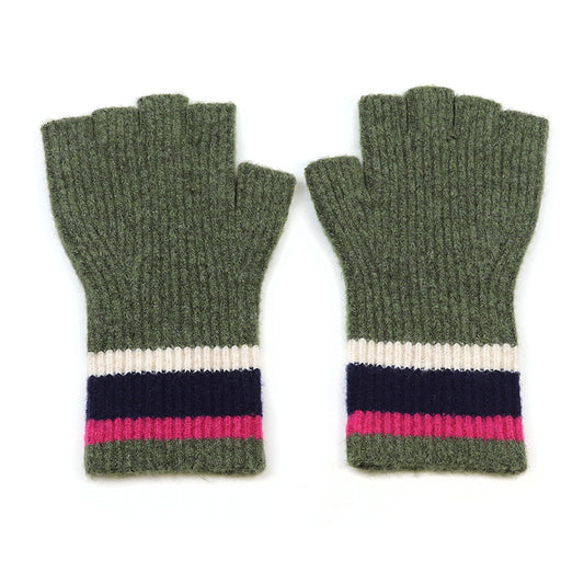Khaki Fingerless Gloves with Striped Cuff