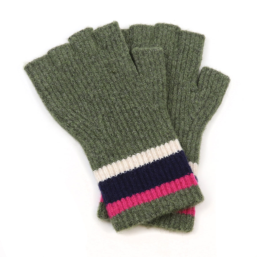 Khaki Fingerless Gloves with Striped Cuff