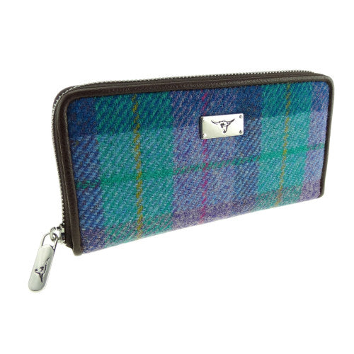 Harris Tweed ‘Staffa’ Long Zip Purse – Green & Purple Tartan