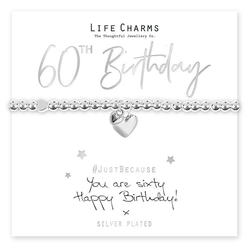 Happy 60th Birthday Silver Heart Beaded Bracelet - Life Charms Jewellery. Available at Sweet P, Burnside, Glasgow