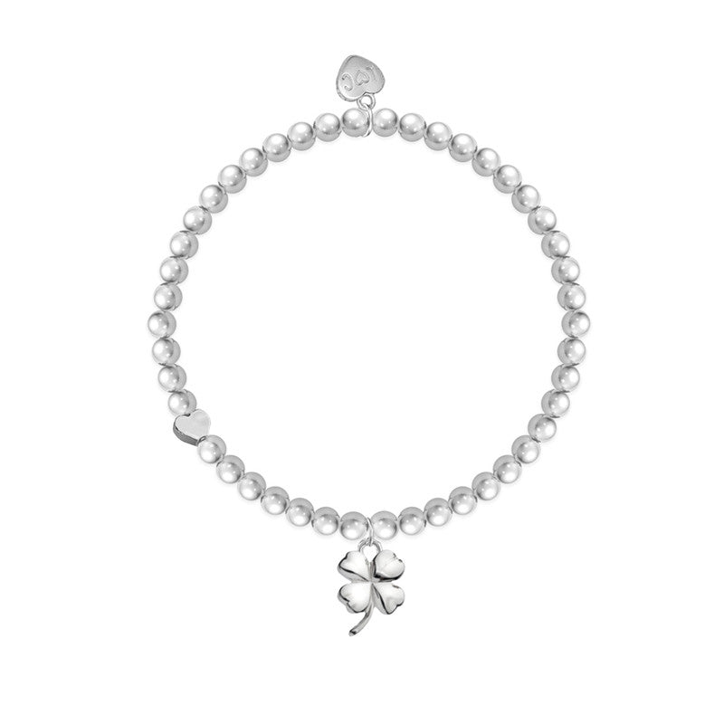 Wish You Good Luck Silver 4-leaf Clover Beaded Bracelet - Life Charms Jewellery. Available at Sweet P, Burnside, Glasgow