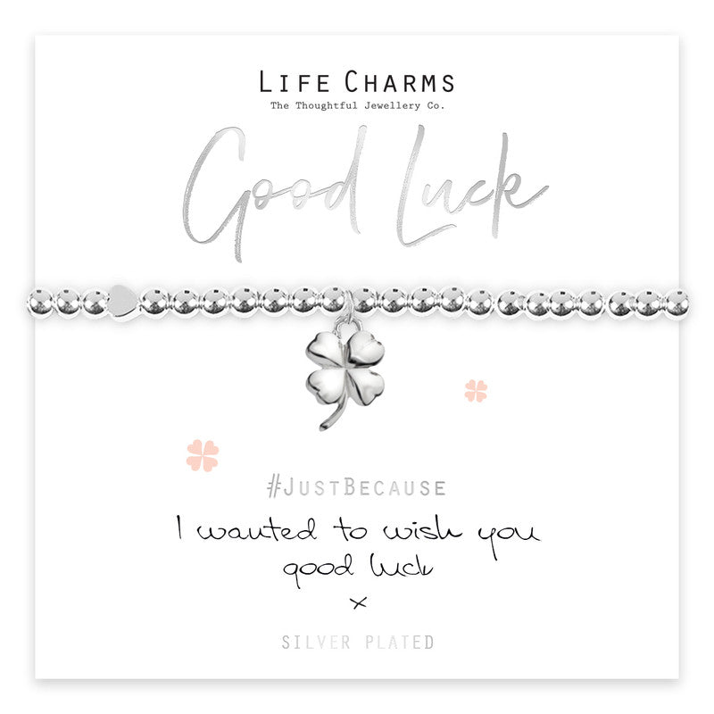 Wish You Good Luck Silver 4-leaf Clover Beaded Bracelet - Life Charms Jewellery. Available at Sweet P, Burnside, Glasgow