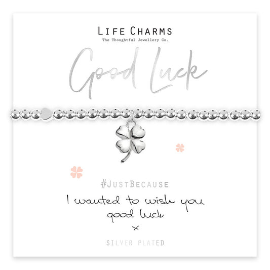 Wish You Good Luck Silver 4-leaf Clover Beaded Bracelet - Life Charms Jewellery. Available at Sweet P, Burnside, Glasgow