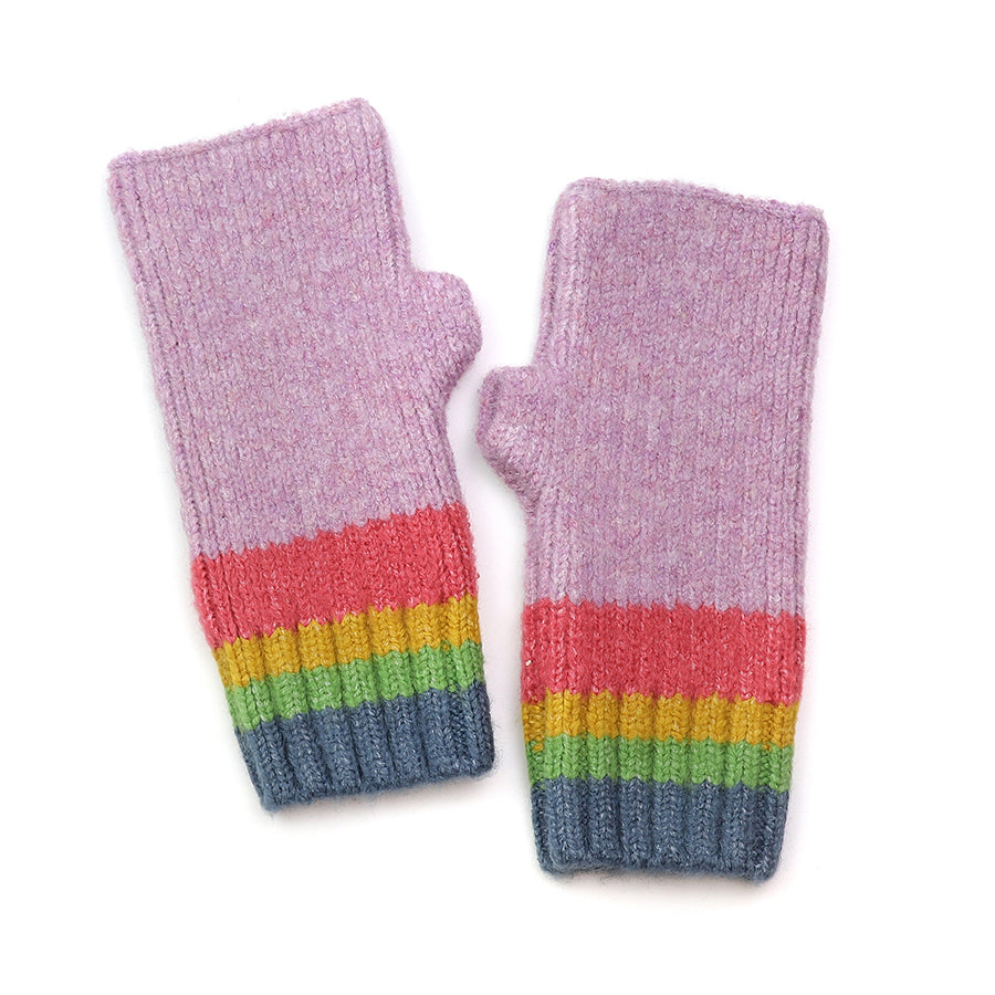 Lilac Knitted Wrist Warmers with Rainbow Stripe Cuff