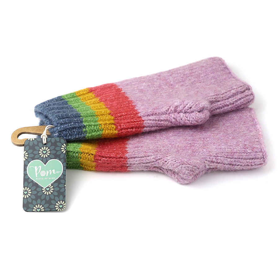 Lilac Knitted Wrist Warmers with Rainbow Stripe Cuff