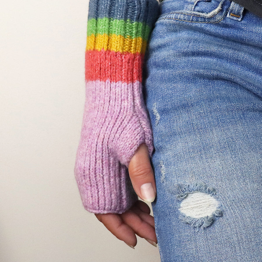 Lilac Knitted Wrist Warmers with Rainbow Stripe Cuff