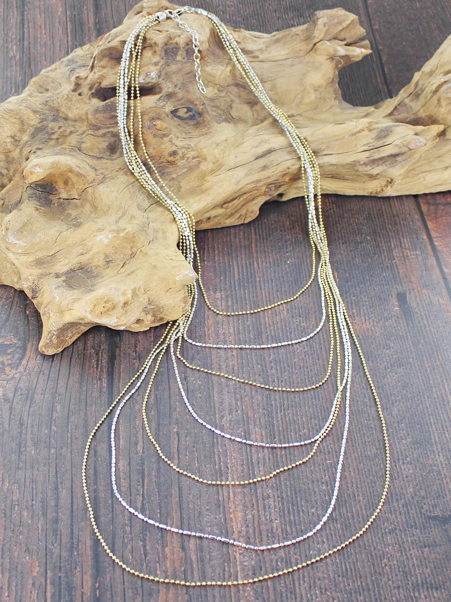 Long Layered Mixed Metal Beaded Necklace