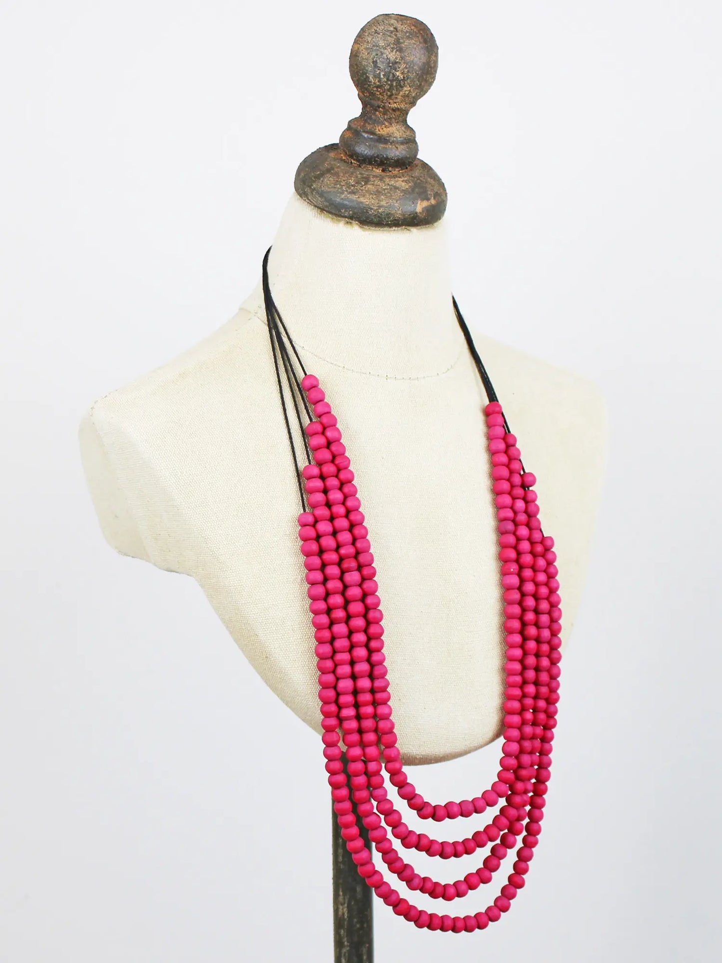 Long Pink 4-Strand Wooden Bead Necklace