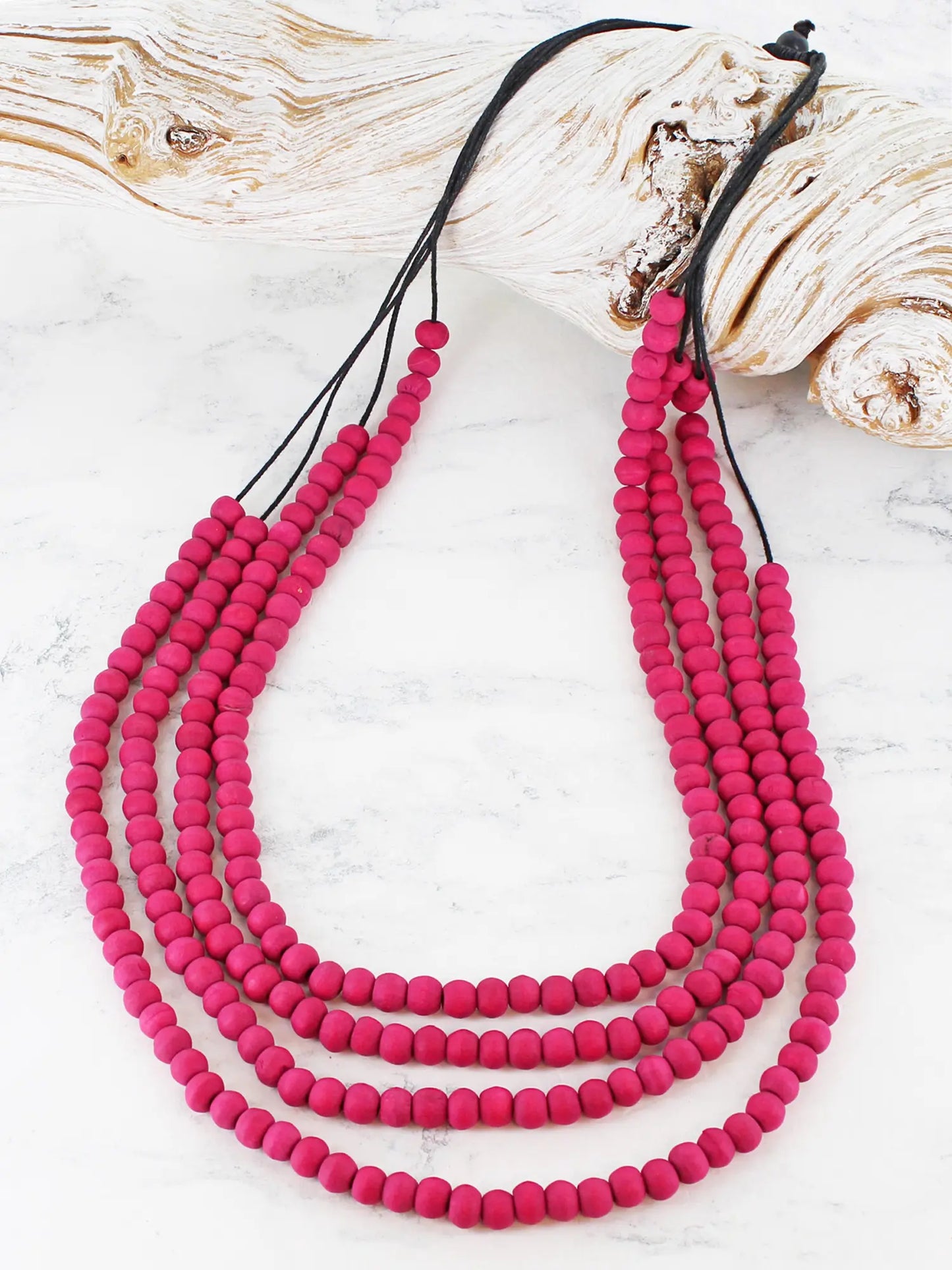 Long Pink 4-Strand Wooden Bead Necklace
