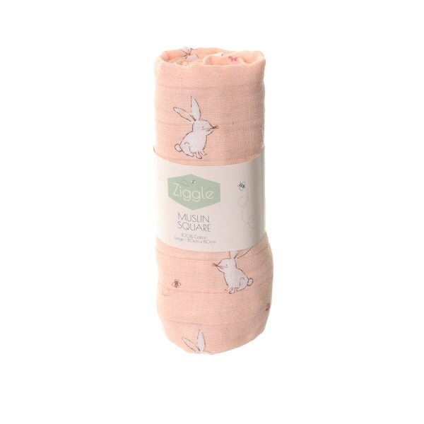 Ziggle Pink Bunny Luxe Baby Muslin – Soft 100% Cotton Swaddle and Comfort Blanket