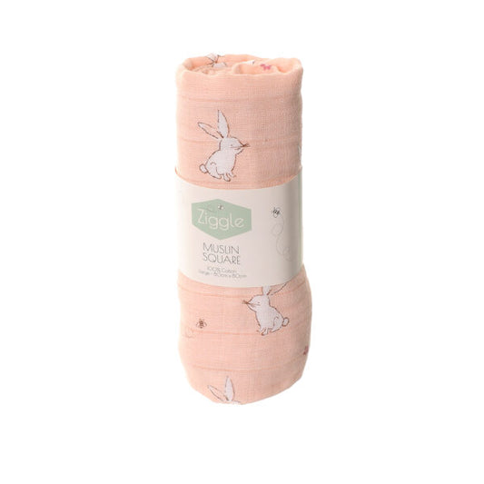Ziggle Pink Bunny Luxe Baby Muslin – Soft 100% Cotton Swaddle and Comfort Blanket