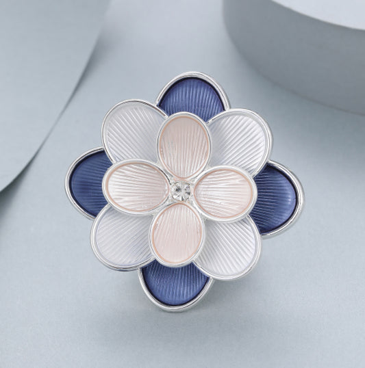 Silver Plated Magnetic Brooch | Elegant Blue & Pink Flower Design