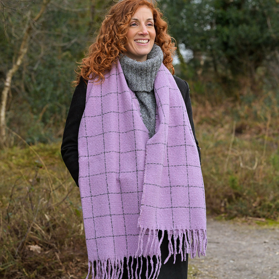 Mauve Fine Check Scarf with Tassel Fringe