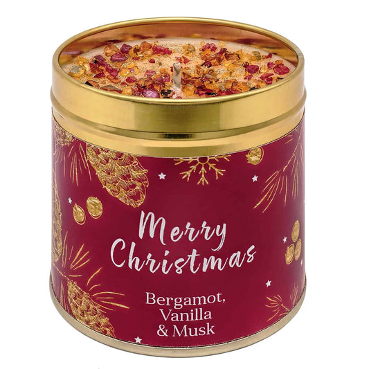 Merry Christmas Scented Candle Tin - Bergamont, Vanilla & Musk
