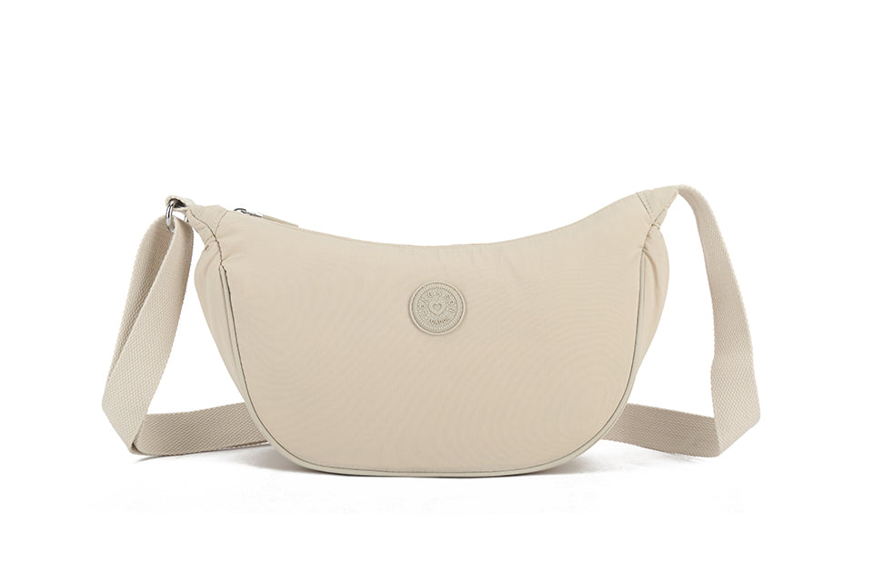 Mini Round Crossbody Bag - Soft Material, Crescent Moon Shape, Trendy Everyday Style - Off White