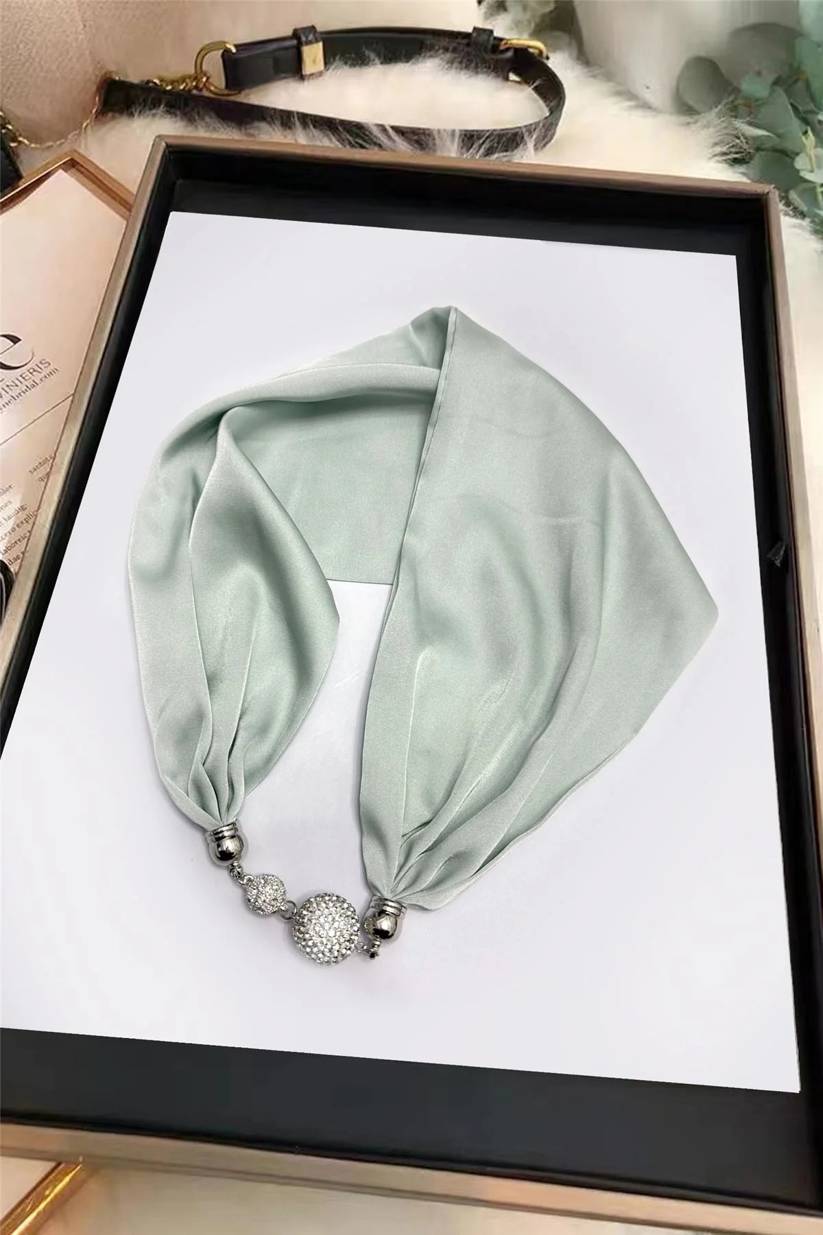 Mint Green Silk-Feel Neck Scarf with Diamanté Magnetic Clasp