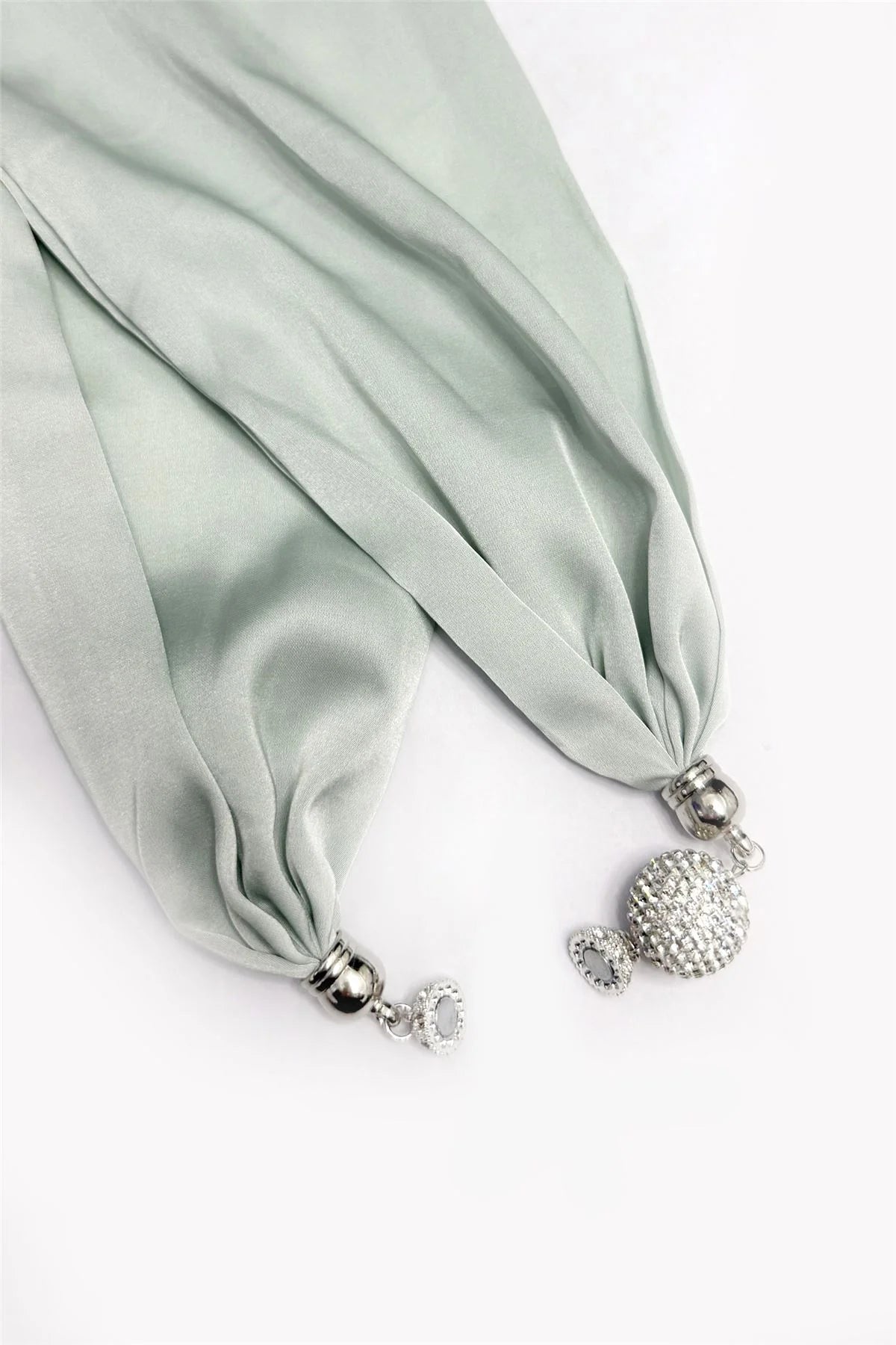 Mint Green Silk-Feel Neck Scarf with Diamanté Magnetic Clasp