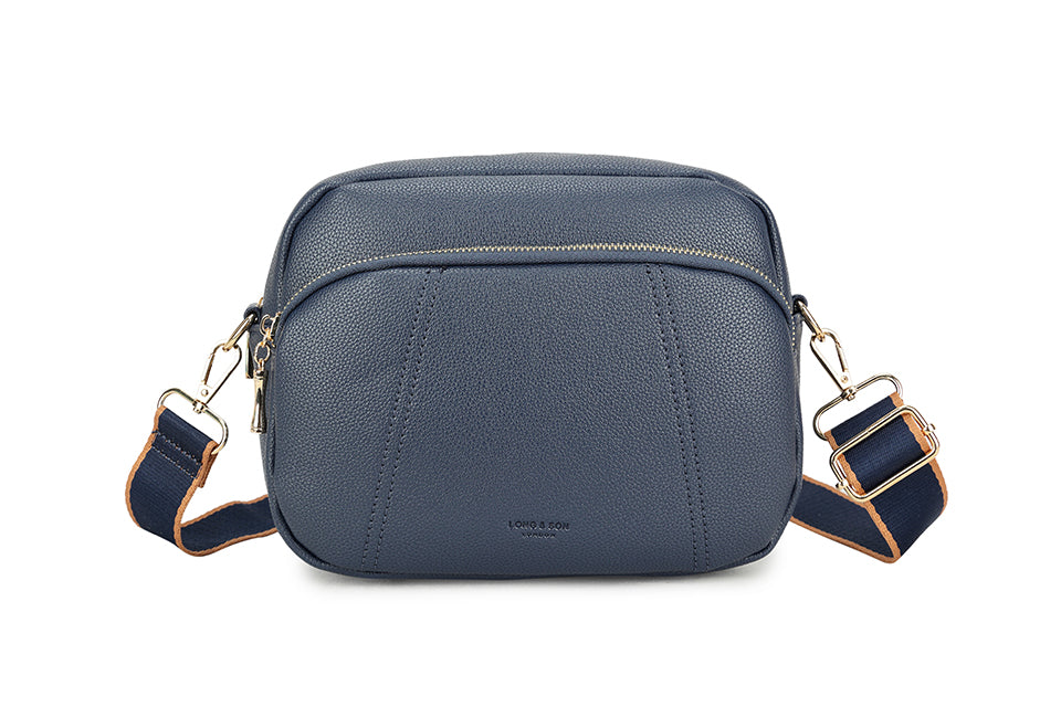 Navy Crossbody Camera Bag – Multi-Compartment Handbag with Fabric Strap