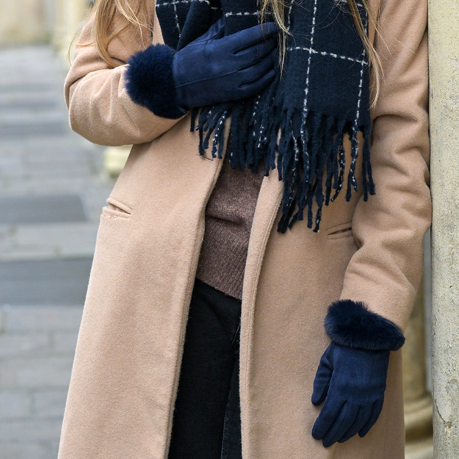 Navy Faux Suede Gloves with Faux Fur Wrist Cuff