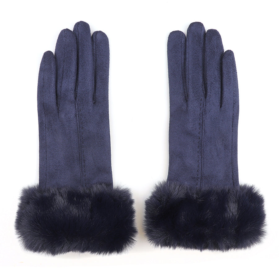 Navy Faux Suede Gloves with Faux Fur Wrist Cuff