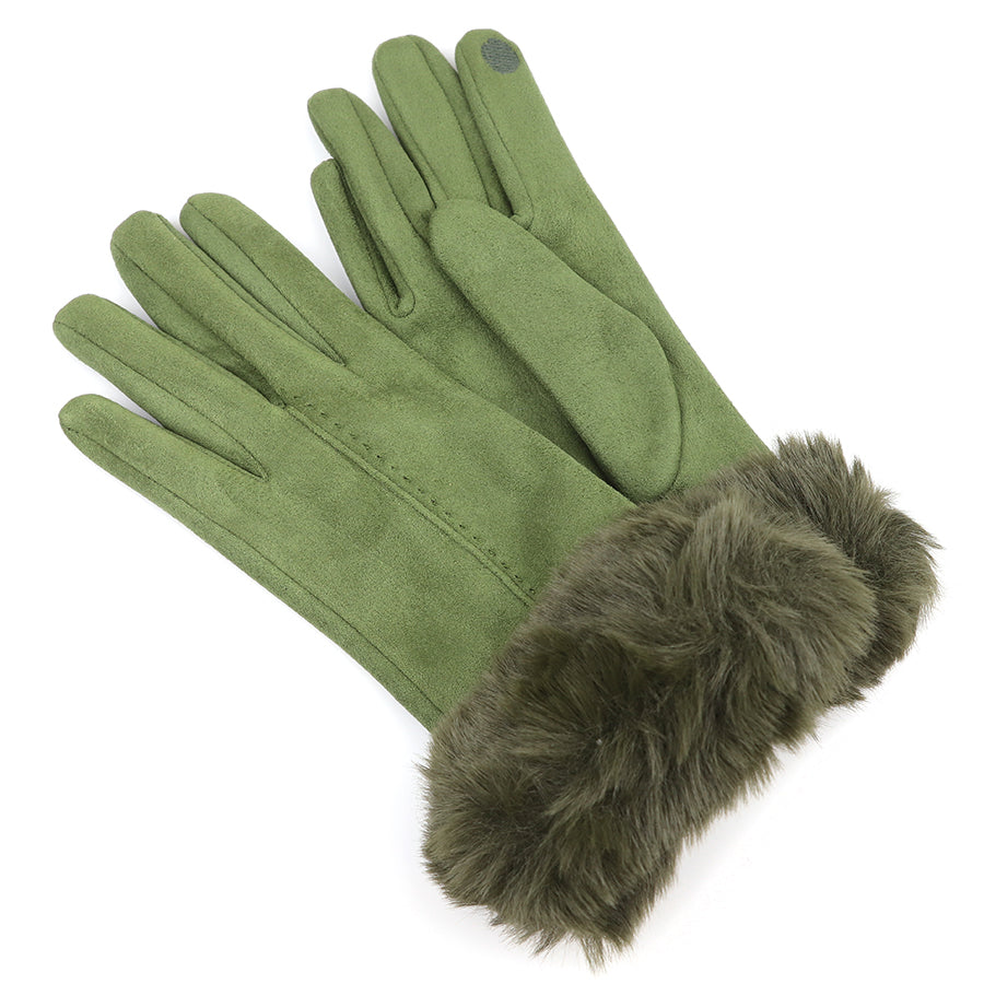 Olive Green Faux Suede Gloves with Faux Fur Wrist Cuff