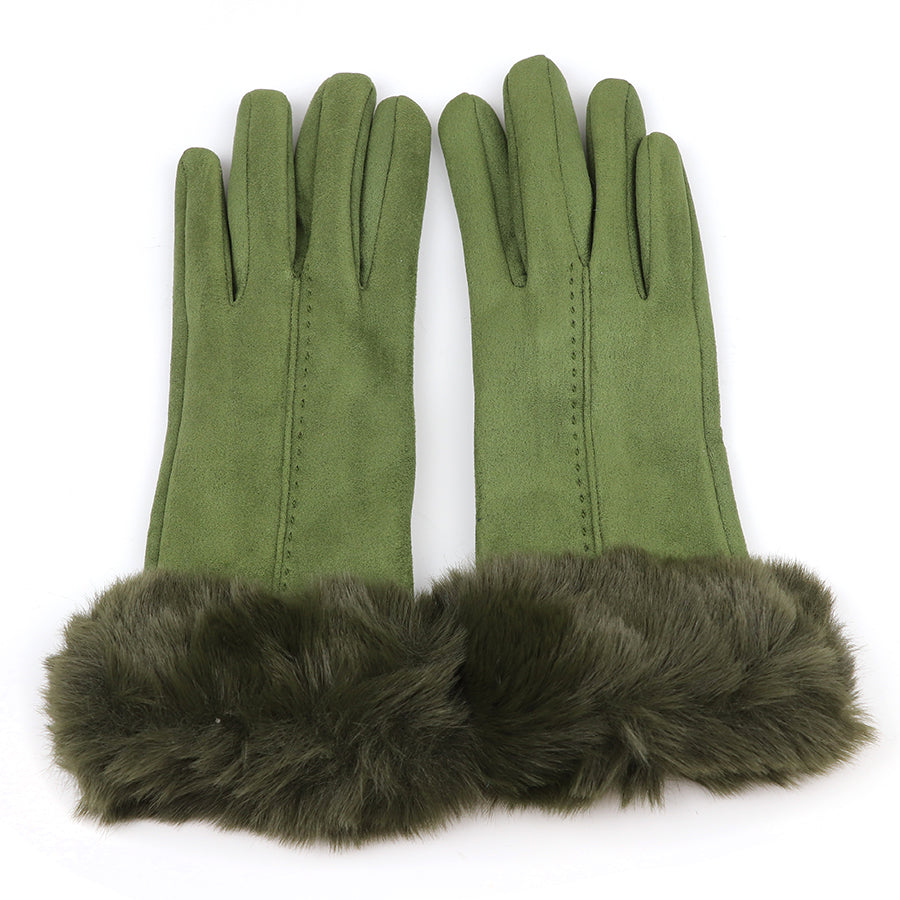 Olive Green Faux Suede Gloves with Faux Fur Wrist Cuff