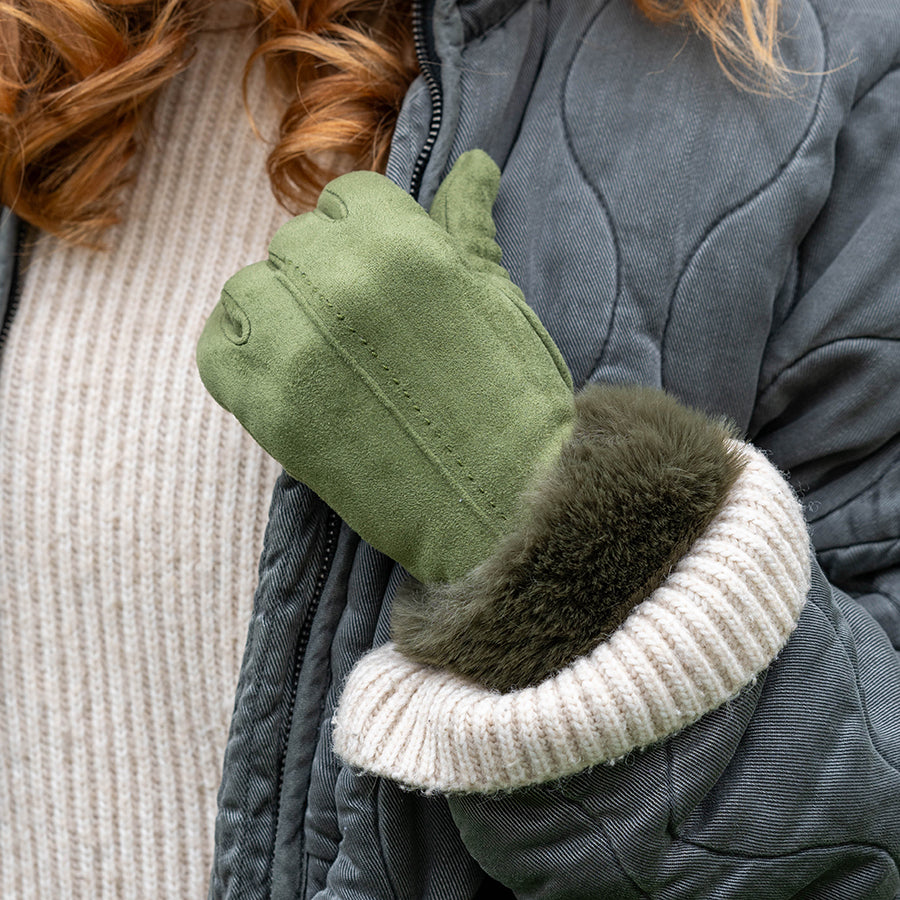 Olive Green Faux Suede Gloves with Faux Fur Wrist Cuff