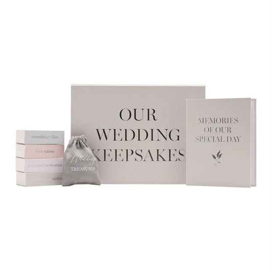 Our Wedding Keepsakes Memory Box – Grey Gift Set with Photo Album, Drawstring Bag & Storage Boxes