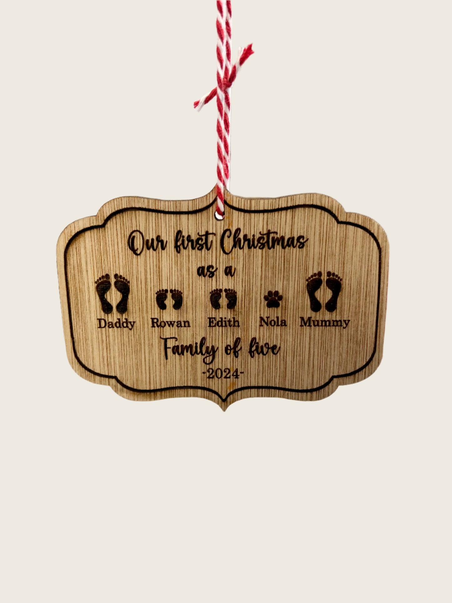Personalised Wooden Christmas Decoration | Family Names & Paw Prints | First Christmas Keepsake