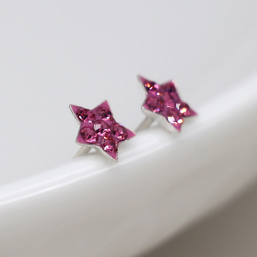 Sterling Silver Pink Crystal Star Earrings
