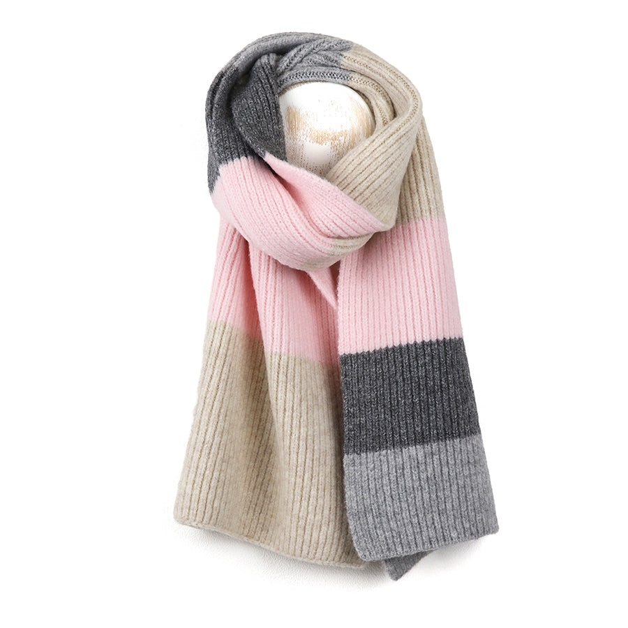 Pink, Grey & Natural Stripe Knit Scarf