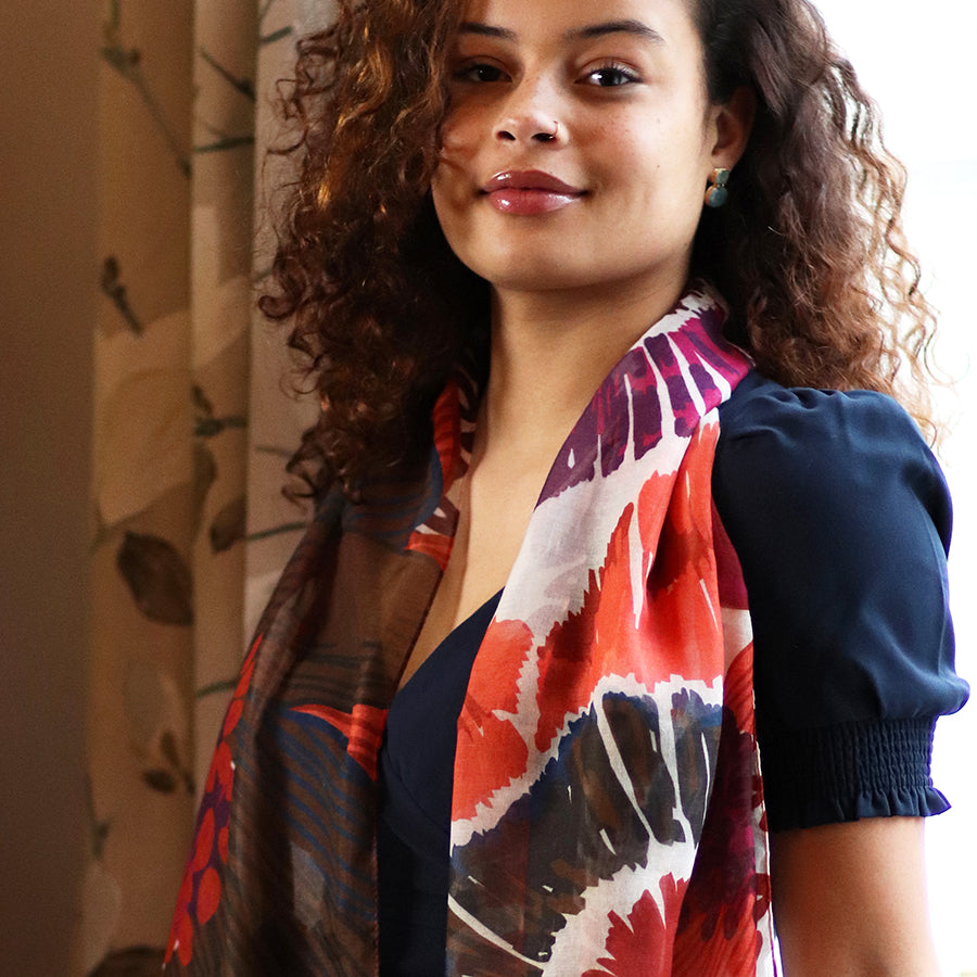 Recycled Red Poppy Print Scarf – Eco-Friendly Oversized Floral Design