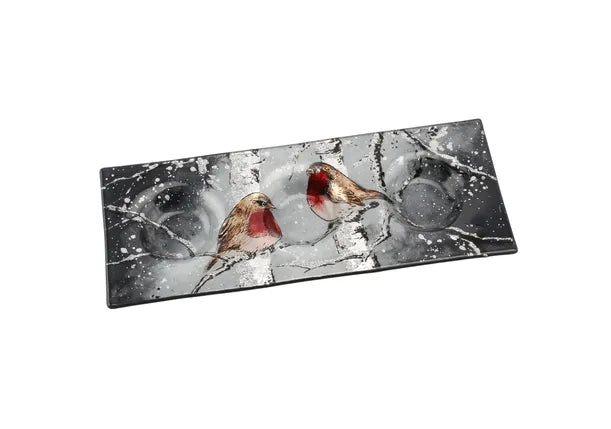 Winter Robin Glass Tealight Holder for 3 Candles