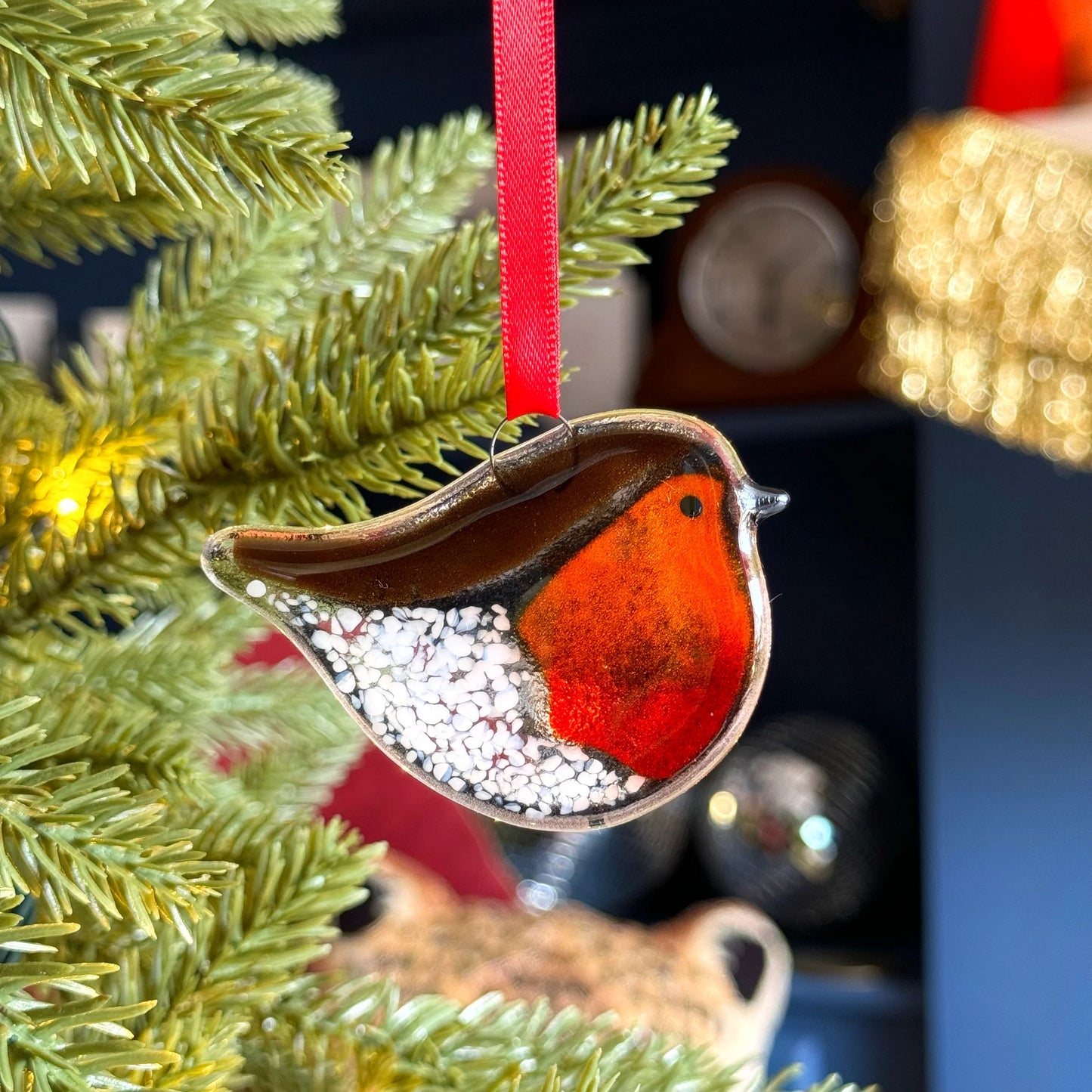 Handmade Fused Glass Robin Decoration