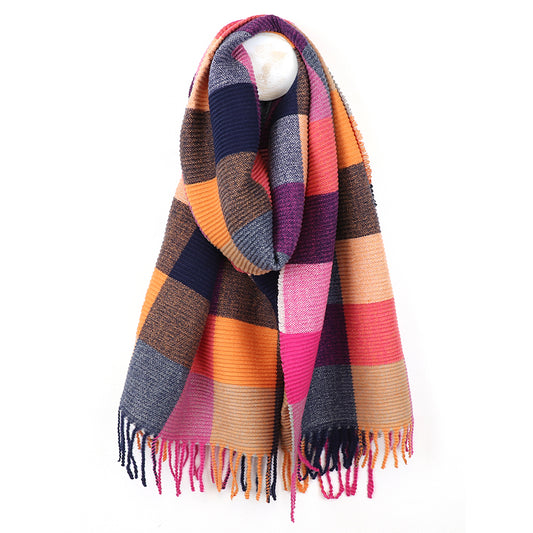 Rust & Pink Crinkle Check Scarf with Tassel Fringe
