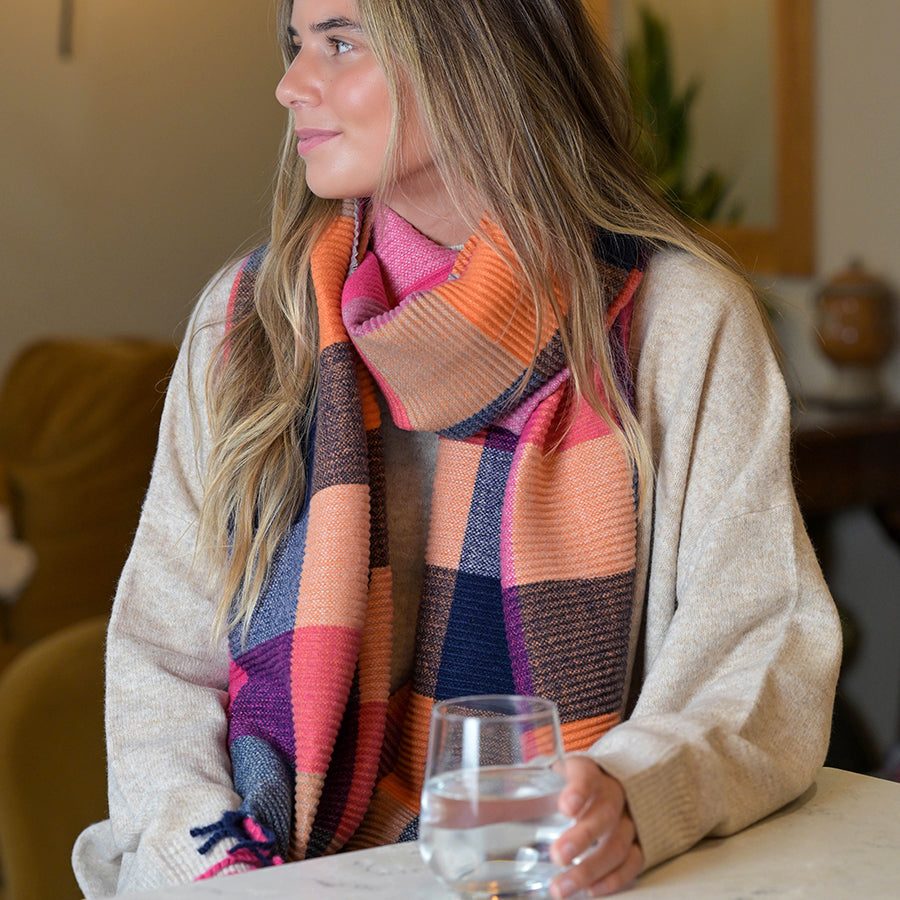 Rust & Pink Crinkle Check Scarf with Tassel Fringe