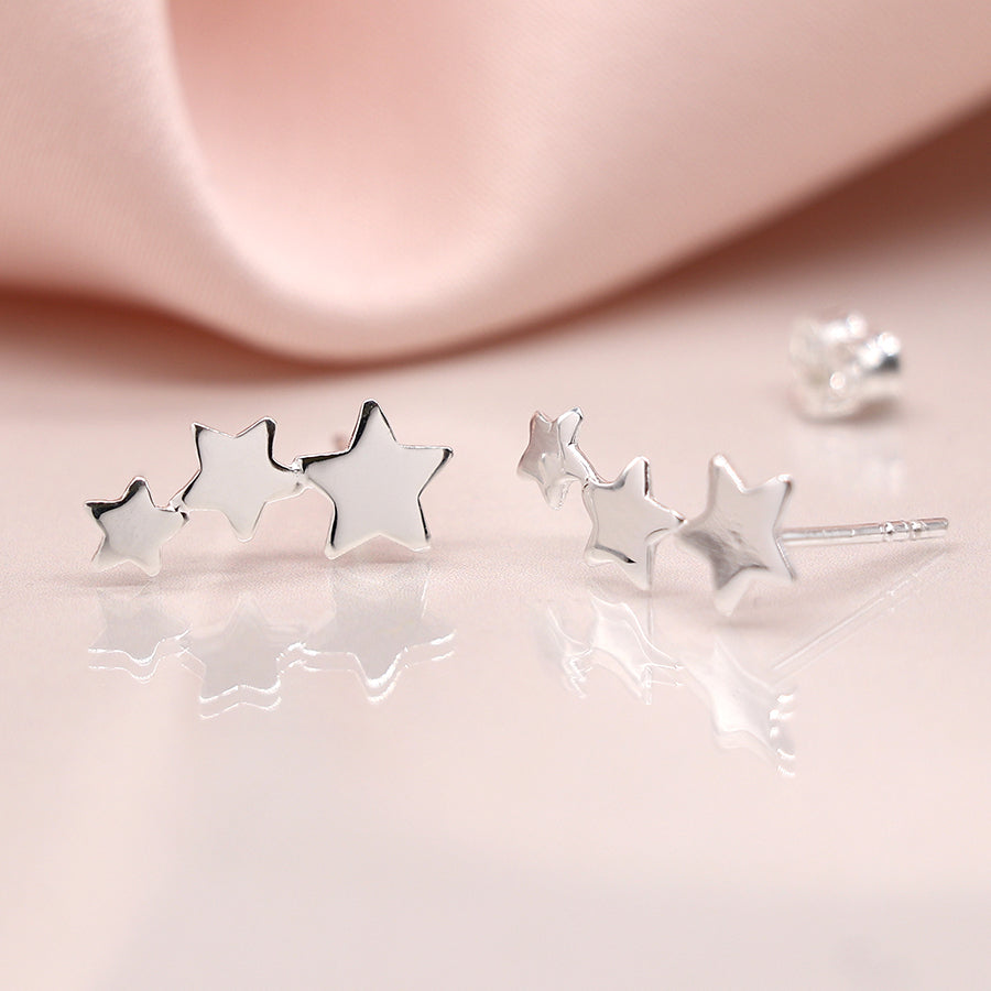 Sterling Silver Row of Stars Stud Earrings