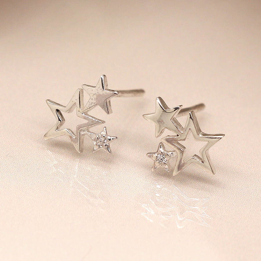Sterling Silver Triple Star Crystal Stud Earrings