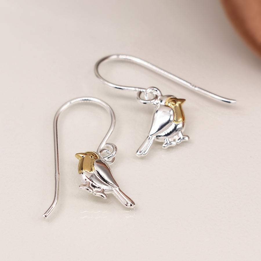 Sterling Silver and Gold Robin Drop Earrings