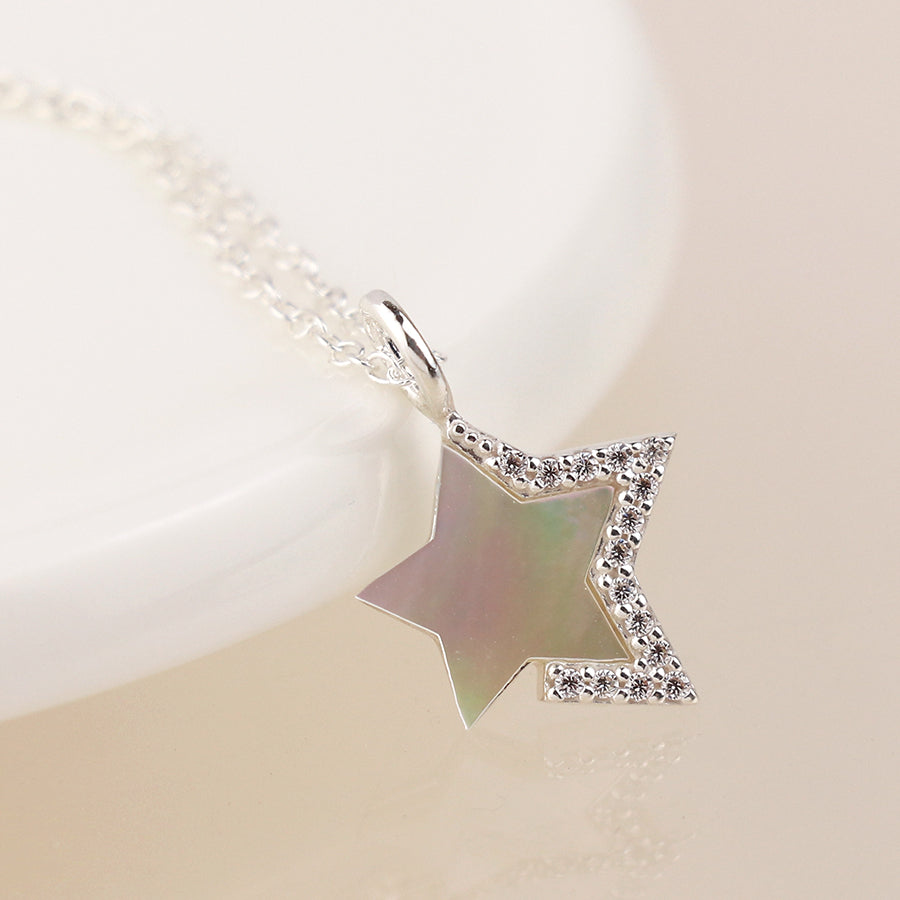 Sterling Silver Crystal Edged Mother of Pearl Star Necklace