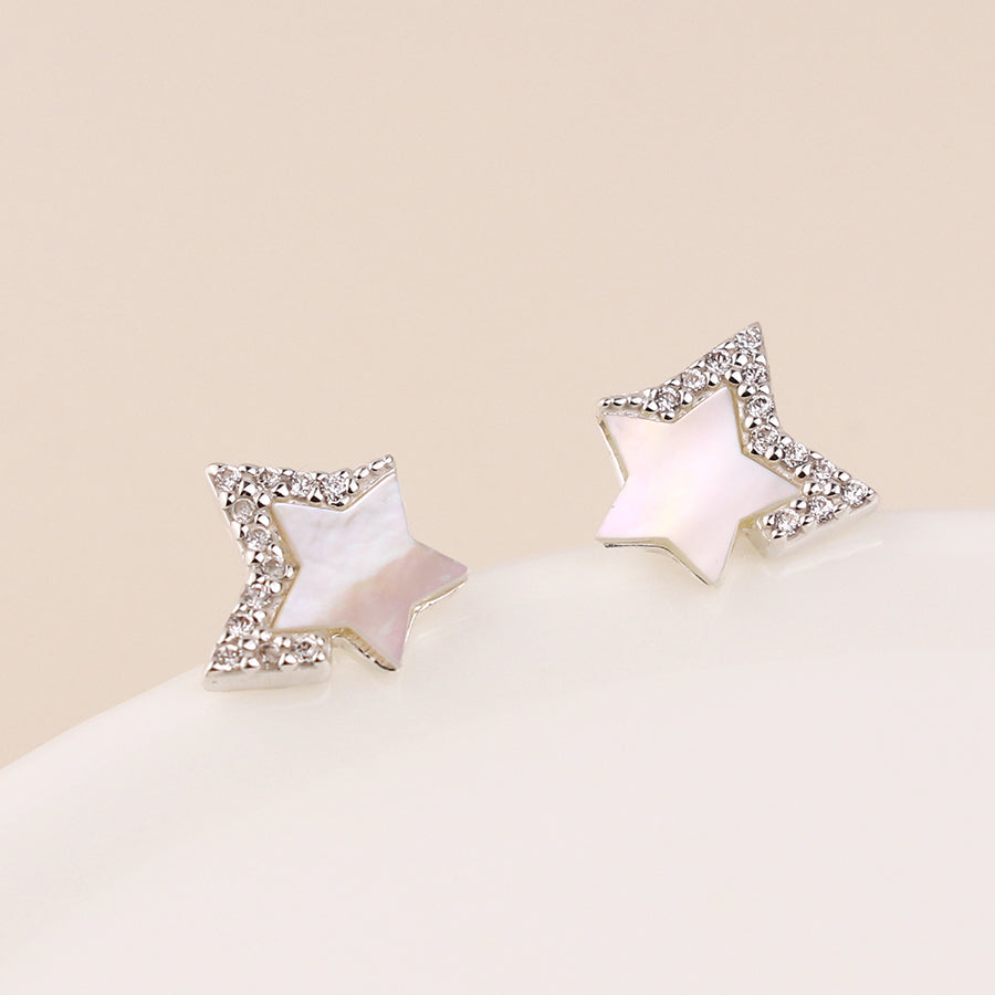 Sterling Silver Crystal Edged Mother of Pearl Star Stud Earrings