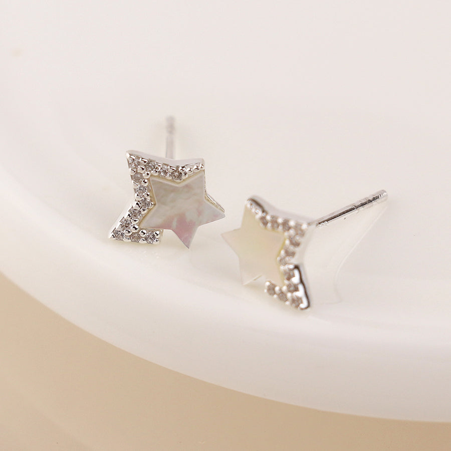 Sterling Silver Crystal Edged Mother of Pearl Star Stud Earrings