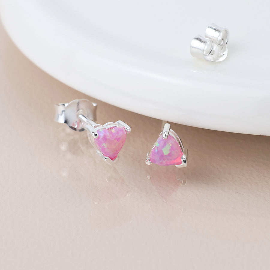 Sterling Silver Pink Opal Heart Stud Earrings