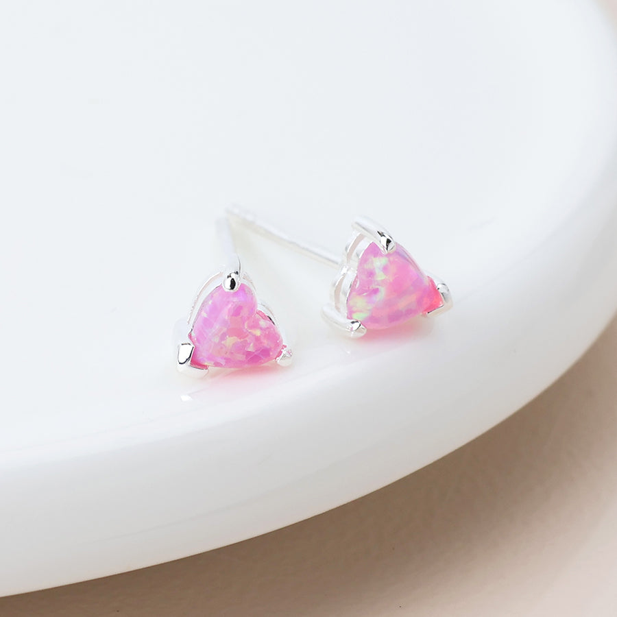 Sterling Silver Pink Opal Heart Stud Earrings