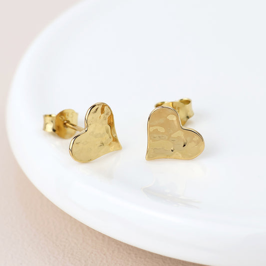 Gold Plated Sterling Silver Hammered Heart Stud Earrings